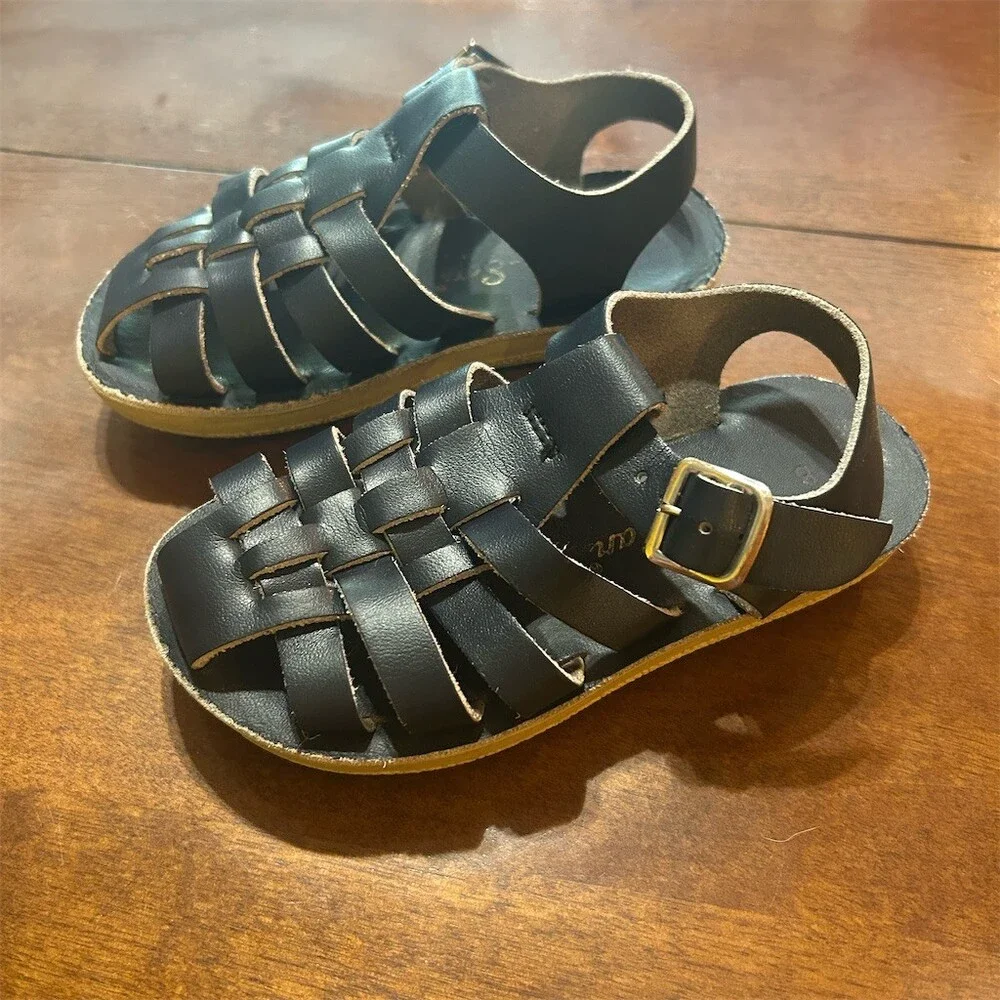 Toddlers Sun-San Salt-Water Blue Leather Fisherman Sandals Buckle Strap Size 8